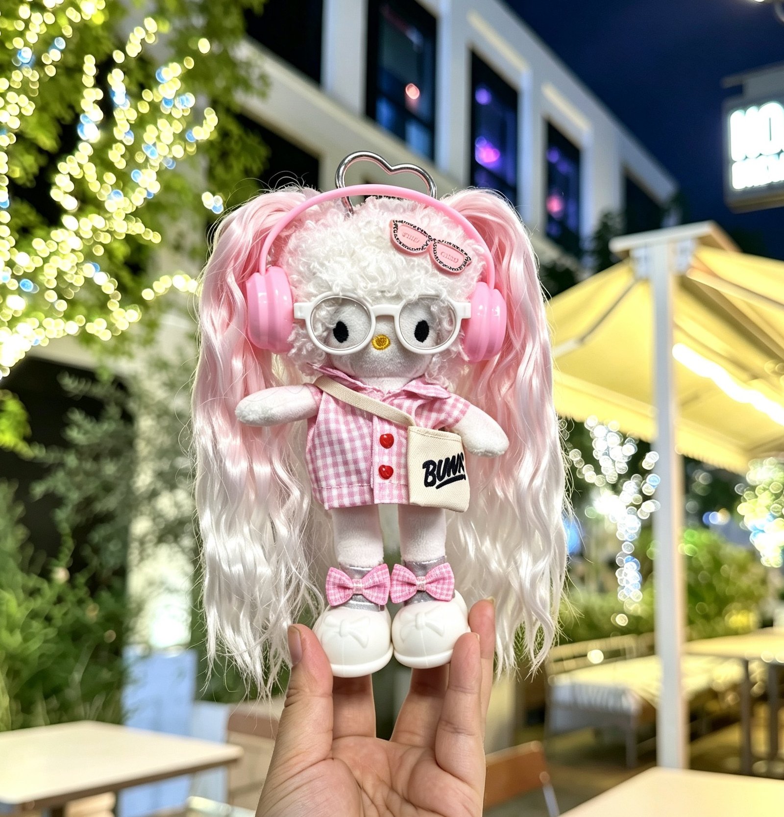 Pink Curly Hair Girl Plush Bag Charm - Image 2