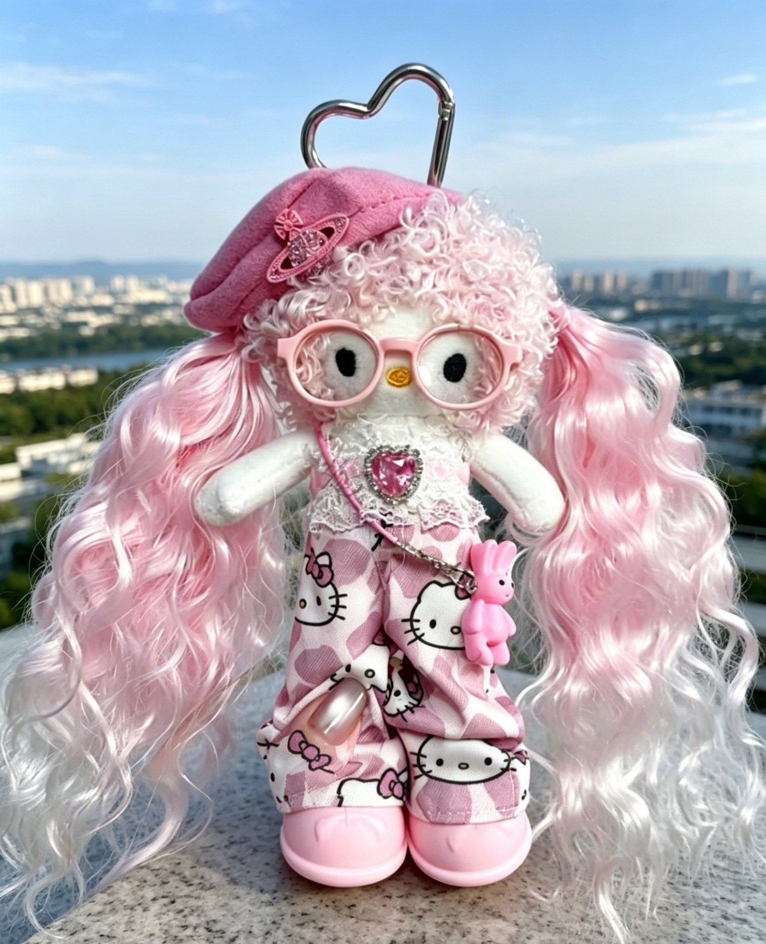 Pink Curly Hair Girl Plush Bag Charm - Image 8